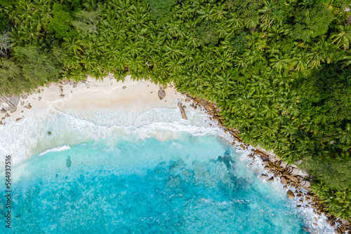 Drone view from above at a tropical beach in the Seychelles Mahe Island