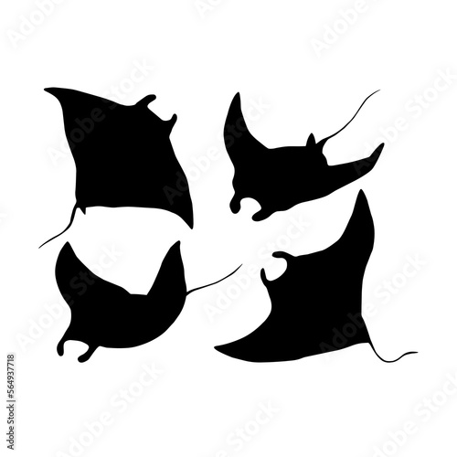 Manta ray, set of black silhouettes, isolated on white background. Vector. Sea creatures, underwater world.