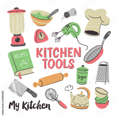 Kitchen tools and appliances. Cute illustration with isolated cooking objects in vector format. Kitchen utensils collection. Illustration 1 of 2.