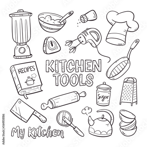 Doodle kitchen tools and appliances. Cute illustration with isolated cooking objects in vector format. Kitchen utensils collection. Illustration 1 of 2.