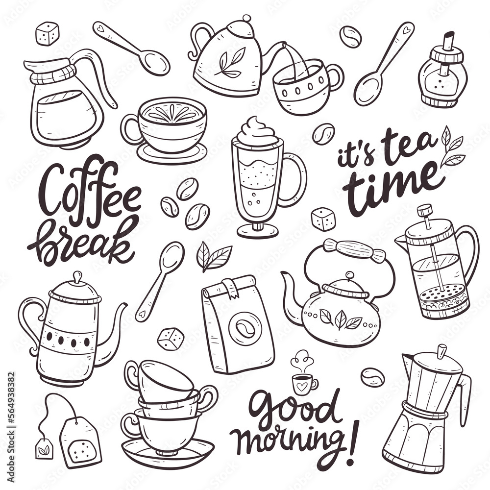 Collection of coffee and tea products. Doodle cliparts of teapots, cups ...