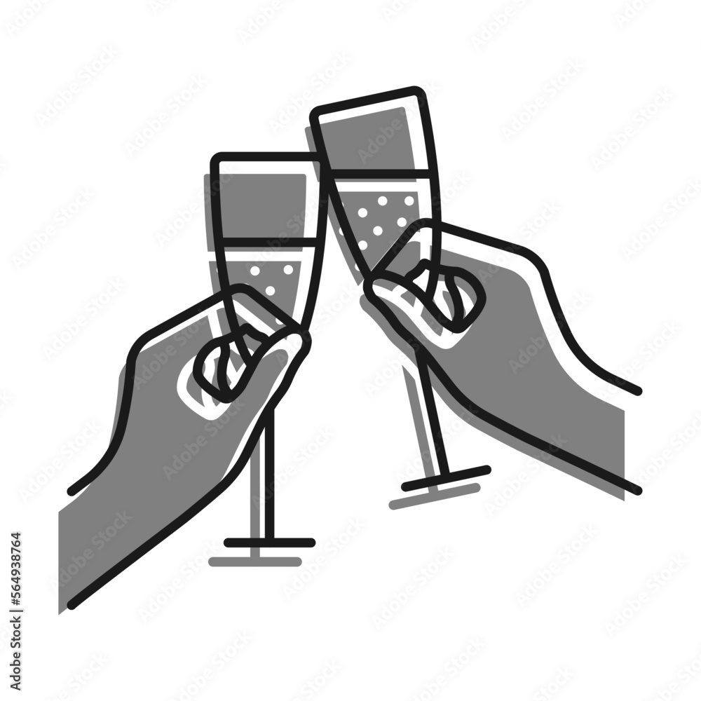 Linear filled with gray color icon. Glasses With Festive Sparkling Champagne In Hands. Cheers With Glasses At New Year Table. Simple black and white vector Isolated On white background