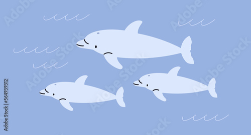 Dolphins in sea water. Underwater fishes  aquatic mammals. Wild undersea marine cute family swimming  surfing. Childish kids flat vector illustration