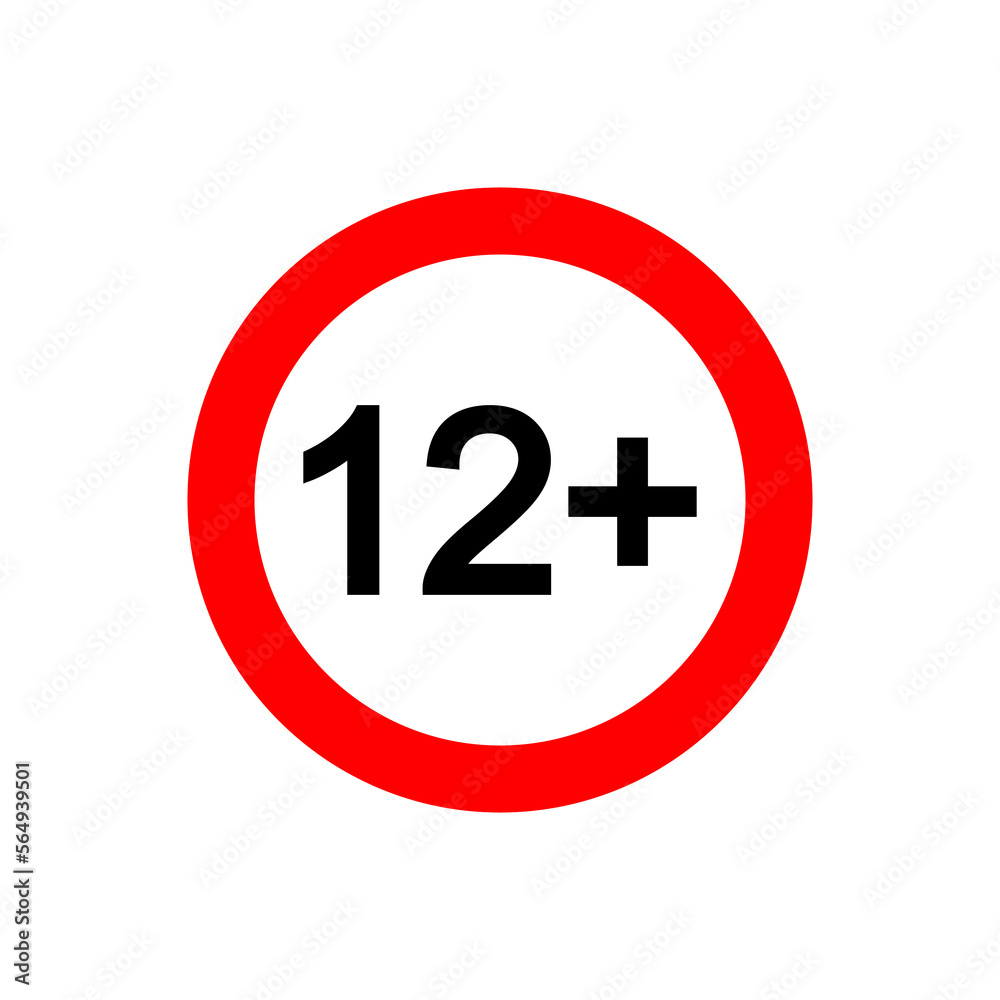 Twelve plus icon. Number 12 in red circle isolated on white background. Age censor symbol. Movie viewing age limit label. Vector illustration Twelve plus icon. Number 12 in red circle isolated on white background. Age censor symbol. Movie viewing age limit label. Vector illustration
