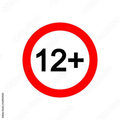 Twelve plus icon. Number 12 in red circle isolated on white background. Age censor symbol. Movie viewing age limit label. Vector illustration