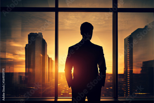 A man in a business suit looks at the sunset  stands at the window in a large modern office. AI generated