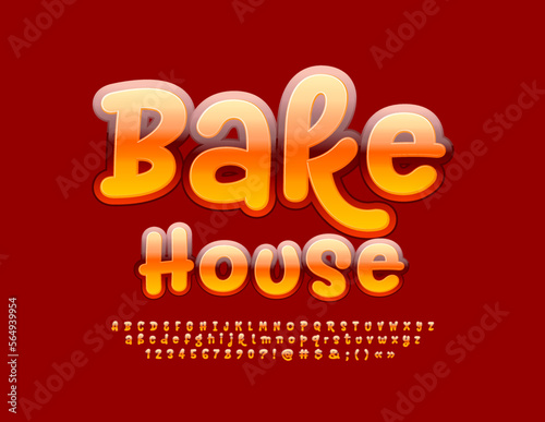 Vector Glossy Emblem Bake House. Funny hanwritten Font. Playful style Alphabet Letters and Numbers set photo