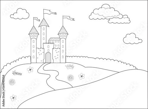 castle on the mountain childrens coloring book, vector