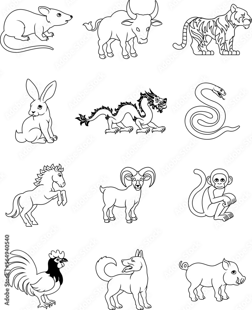 Obraz premium A set of Chinese zodiac astrology horoscope animals year signs