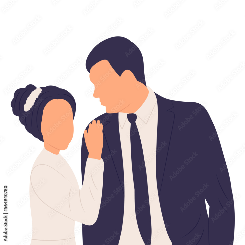 portrait bride and groom in flat style, wedding