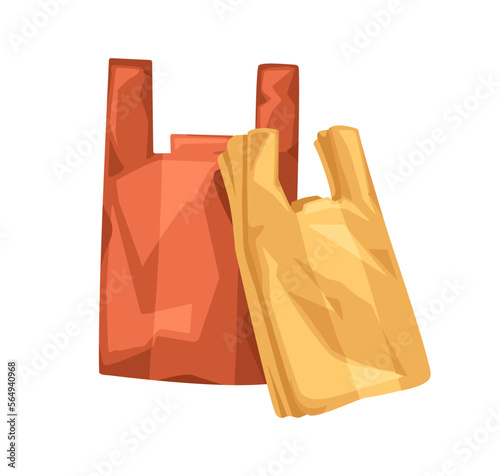 Polyethylene plastic bags. New folded cellophane polythene grocery shopping packages. Clean disposable packs with handles for food, garbage. Flat vector illustration isolated on white background