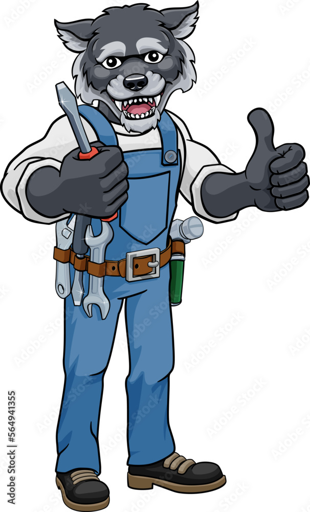 A wolf electrician, handyman or mechanic holding a screwdriver and giving a thumbs up A wolf electrician, handyman or mechanic holding a screwdriver and giving a thumbs up
