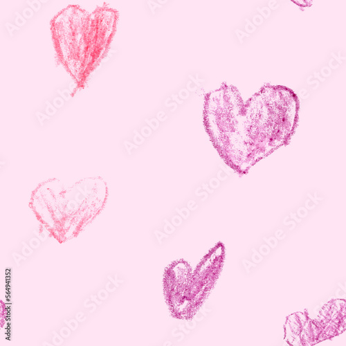 Seamless Pattern With Colored Kid's Crayon Hand Drawn Hearts