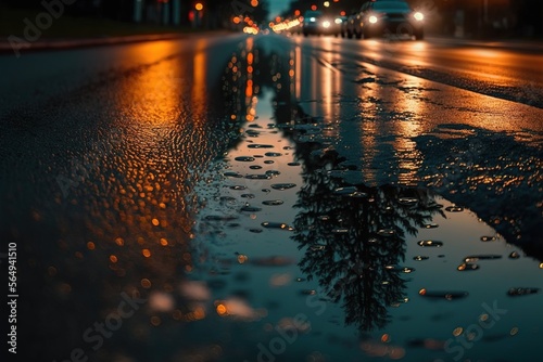 Raindrops on the asphalt in the city at night. Blurred background, generative ai