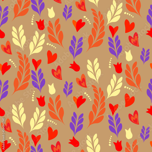 bright seamless floral pattern of spring flowers and hearts