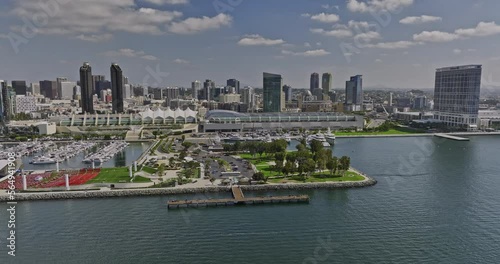 San Diego California Aerial v50 cinematic drone flyover bay capturing embarcadero marina park, busy cruise-ship hub, convention center and downtown cityscape - Shot with Mavic 3 Cine - September 2022
