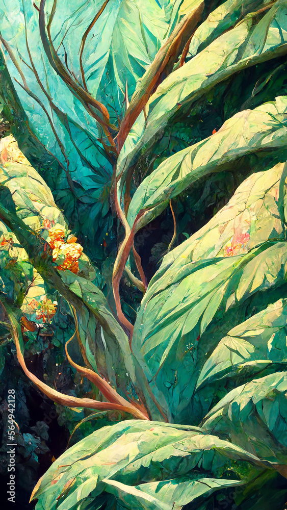 Obraz premium oil painting of the jungle canopy big leaves flowers cave illustration Generative AI Content by Midjourney