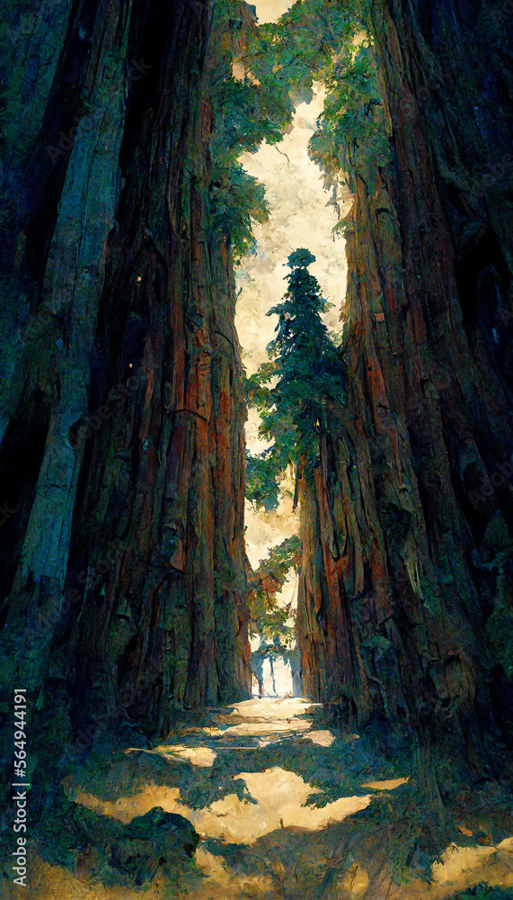 looking up at a massive redwood tree dramatic lighiting Generative AI Content by Midjourney looking up at a massive redwood tree dramatic lighiting Generative AI Content by Midjourney