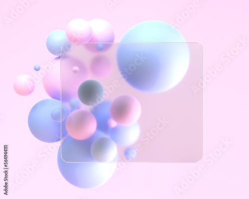 Frosted square glass in glassmorphism style with blur effect 3d render. Blank acrylic matte plate, frame or card on abstract background with pink blue geometric spheres, mockup banner © marozhkastudio