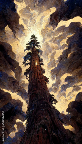 looking up at a massive redwood tree dramatic lighiting Generative AI Content by Midjourney © simon
