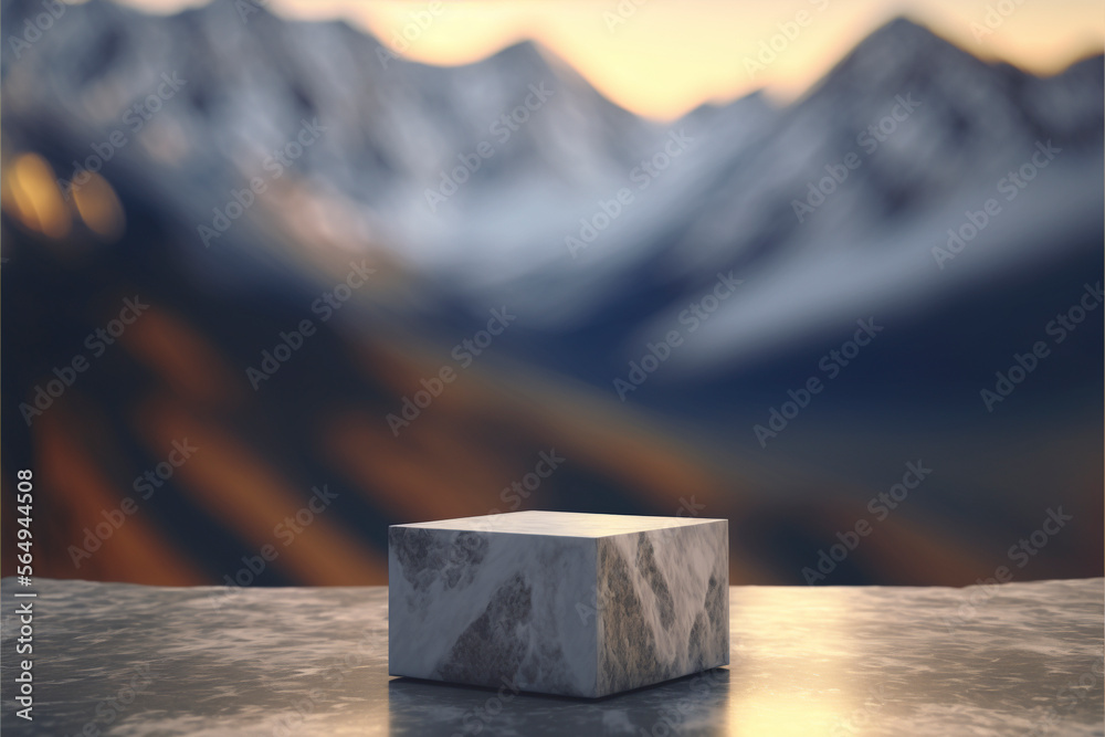 Marble stone pieces with blurred landscape background for product display, rough geometric rock shapes. ai generative.