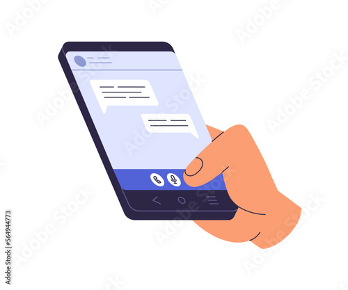 Hand holding phone with online messenger, mobile app on screen. Using smartphone application for instant messages, internet communication. Flat graphic vector illustration isolated on white background