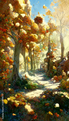 A clear autumn day in a forest colorful leaves are falling Generative AI Content by Midjourney