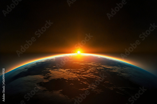 Rising sun behind the planet. Created with Generative AI technology.