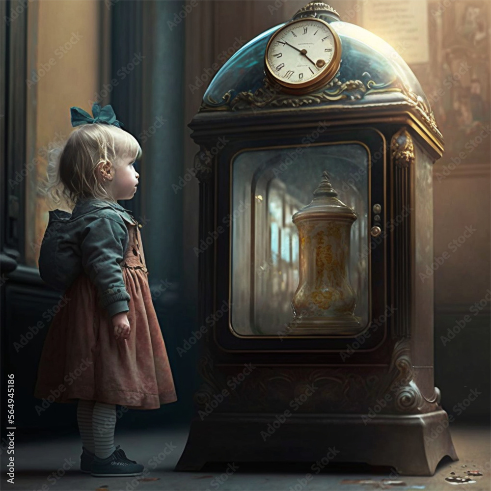 Time's Mysteries A 2 Year Old Girl's Fascination With an Antique Clock Stock Illustration