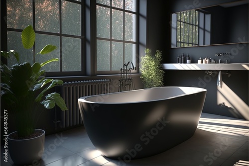 Scandinavian style interior bathroom with a big metal black bathtub and several potted plants in the windows, with natural wood furniture with dark grey color paint and towels and a big mirror