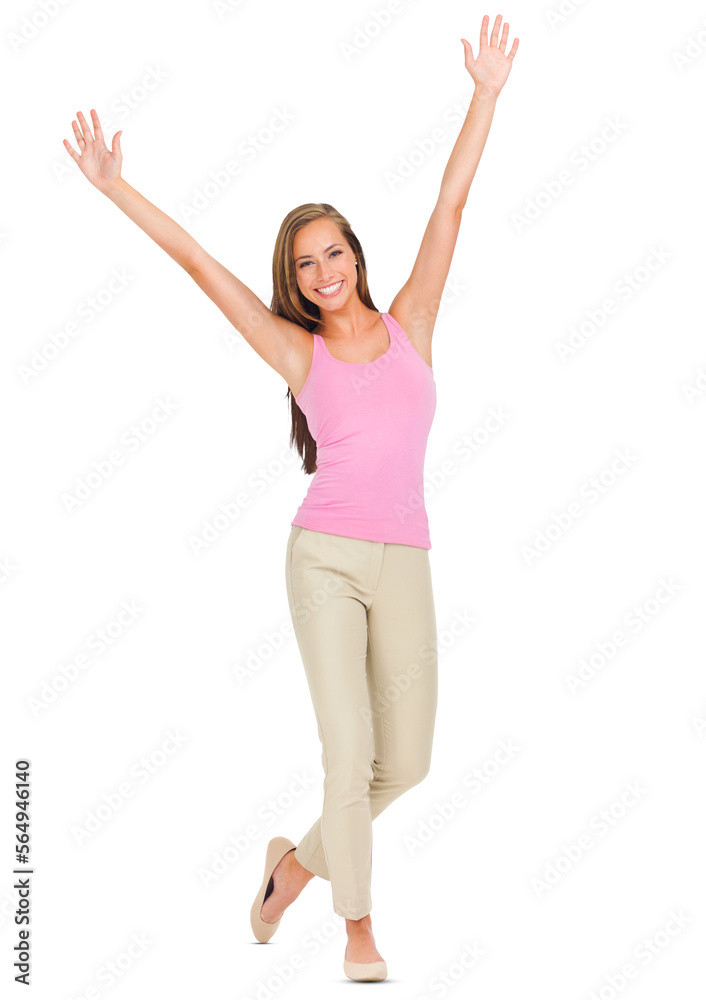 A beautiful young woman standing with her arms outstretched isolated on a PNG background. A beautiful young woman standing with her arms outstretched isolated on a PNG background.