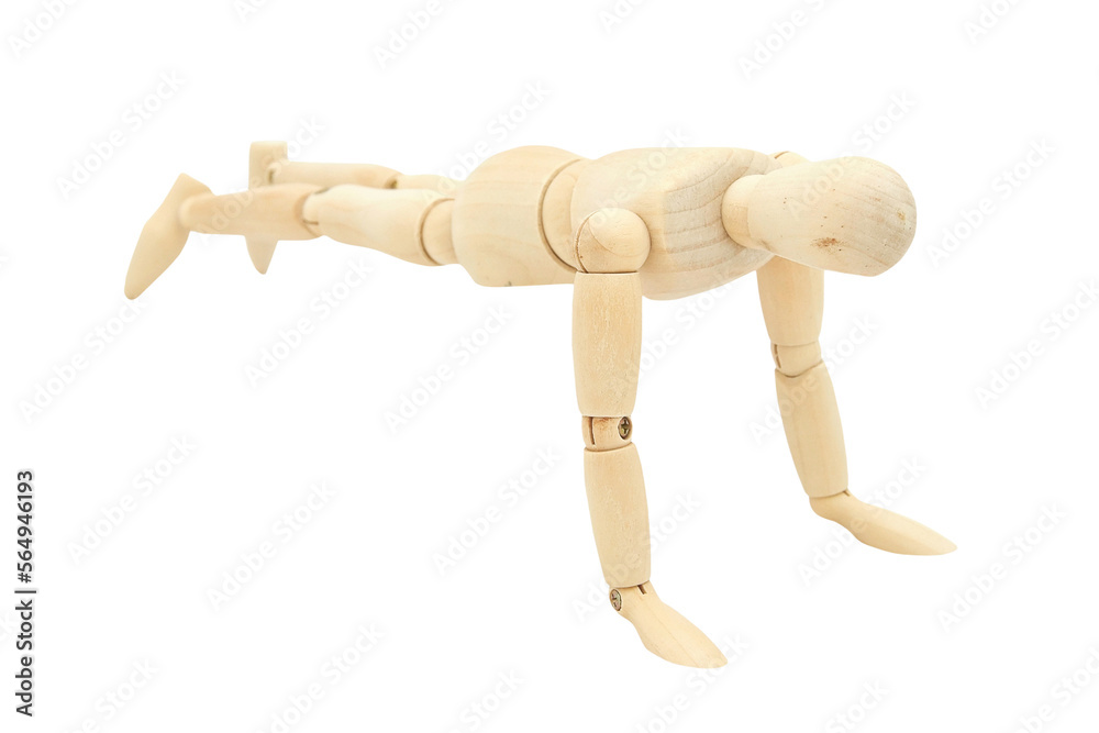 Wooden mannequin human with Push-Up action isolated with clipping path on white background.Photo concept for Sport and Healthy lifestyle Wooden mannequin human with Push-Up action isolated with clipping path on white background.Photo concept for Sport and Healthy lifestyle