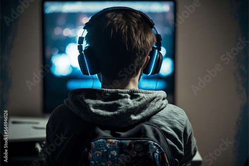 Boy listening to music in front of LED, Gamer Boy back view, Generative Ai