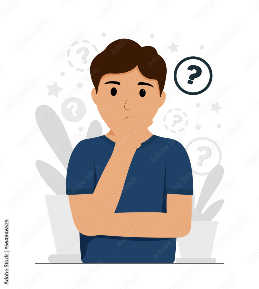 A thoughtful man. A person thinks or solving problem. Puzzled man wondering or thinking, planning or pondering. Man full of thoughts, holding hand by chin. Vector flat illustration. A thoughtful man. A person thinks or solving problem. Puzzled man wondering or thinking, planning or pondering. Man full of thoughts, holding hand by chin. Vector flat illustration.