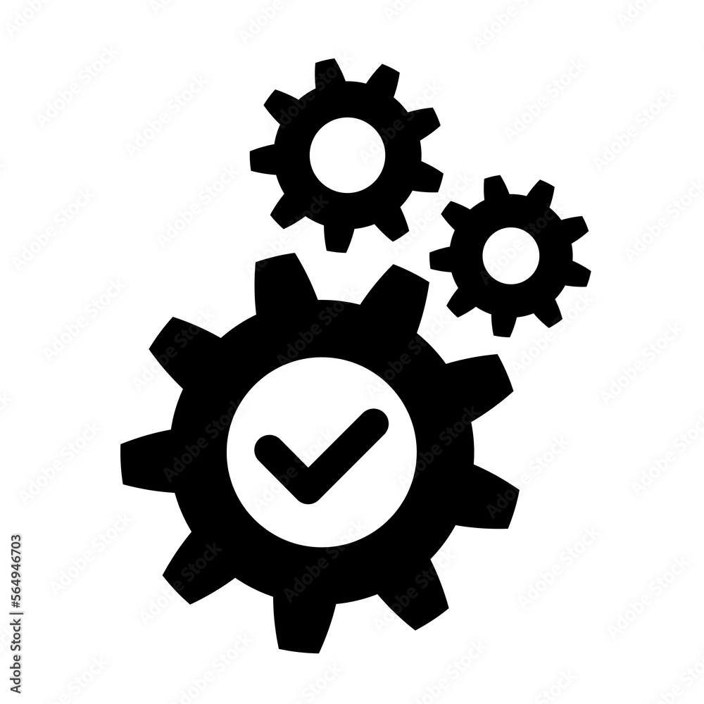 Ok operation icon. Gear with check sign in flat. Successful process symbol. Success sign with cog. Update sign, technology, engine in black. Vector illustration for graphic design, Web, UI, mobile app Ok operation icon. Gear with check sign in flat. Successful process symbol. Success sign with cog. Update sign, technology, engine in black. Vector illustration for graphic design, Web, UI, mobile app