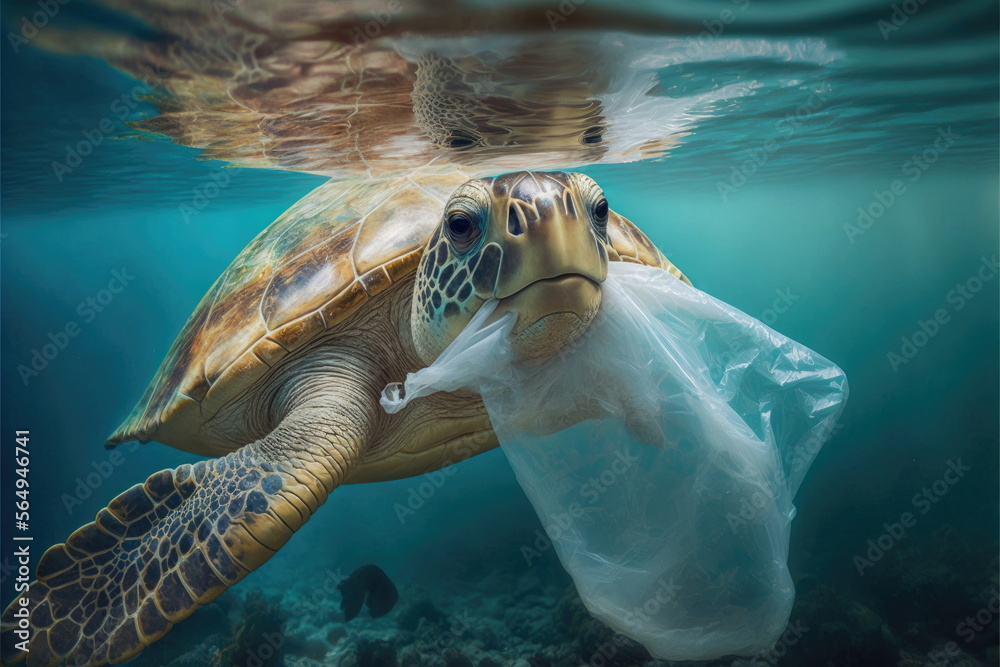 Turtles are eating plastic bags in the sea, Made by AI,Artificial ...