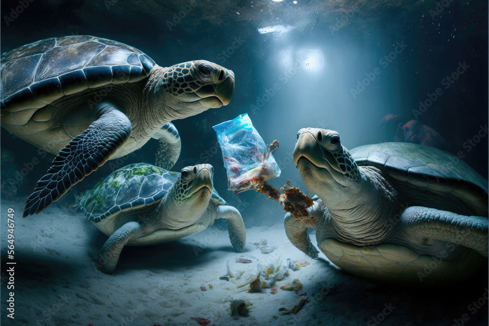 Turtles are eating plastic bags in the sea, Made by AI,Artificial ...
