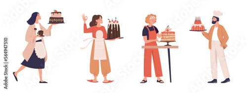 Confectioner, cook, cake, pastries. Girl with a cake. Set of illustrations. Vector image.