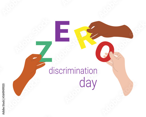 Zero Discrimination Day 1 March. Hands of diverse group of people putting together. Isolated on white background. Vector illustration