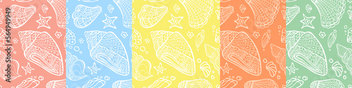 Polynesian shell irregular seamless pattern recolor collection. Zendoodle conch endless texture pack. Maori sea random repeat boundless background. Ocean surface design. Set in light pastel colors.