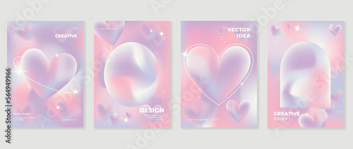 Abstract gradient Y2K style template cover vector set. Happy Valentine's Day decorate with trendy gradient heart vibrant y2k colorful background. Design for greeting card, fashion, commercial, banner.