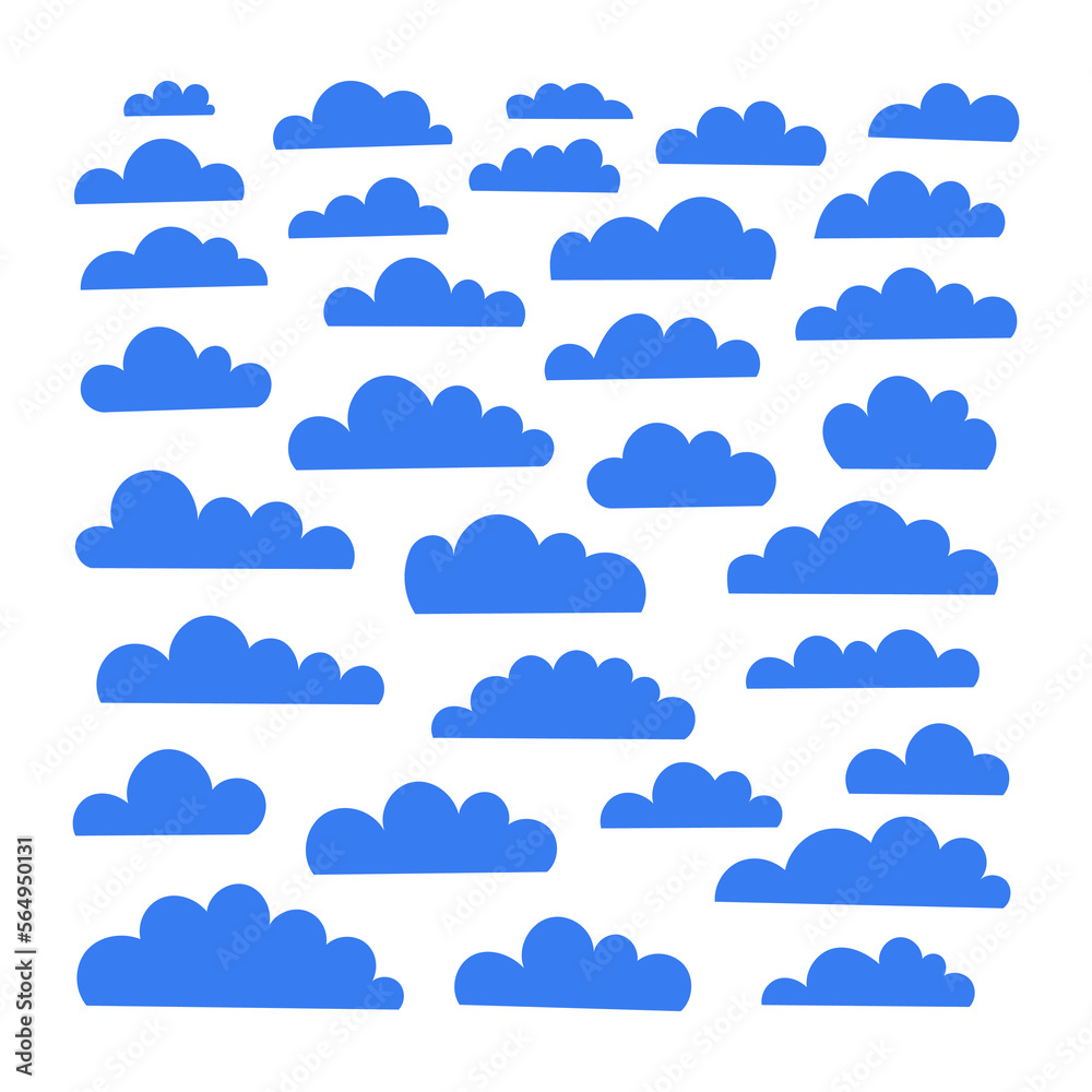 Set of vector cartoon blue clouds on white background. Set of hand drawn cartoon sky Set of vector cartoon blue clouds on white background. Set of hand drawn cartoon sky