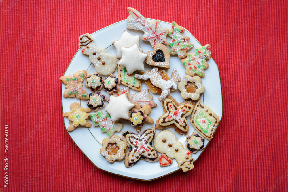 High angle view of gingerbread Christmas cookies in plate, Bavaria, Germany High angle view of gingerbread Christmas cookies in plate, Bavaria, Germany