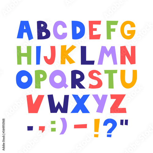 Kids style colorful font design, playful childish alphabet, letters and numbers vector illustration