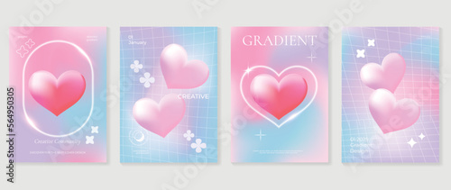 Abstract gradient Y2K style template cover vector set. Happy Valentine's Day decorate with trendy gradient heart vibrant y2k colorful background. Design for greeting card, fashion, commercial, banner.