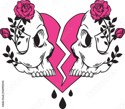 Broken heart and two skulls with roses. Love to death. hand drawn black and pink emo style illustration