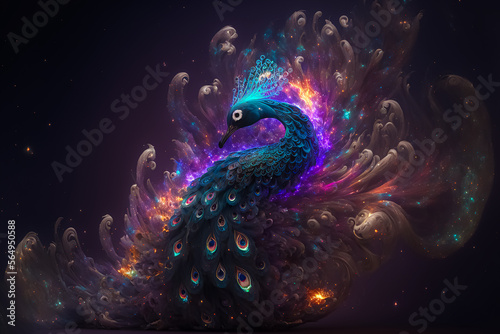 Fantasy Peacock on Galaxy space. Generative AI  © nadunprabodana
