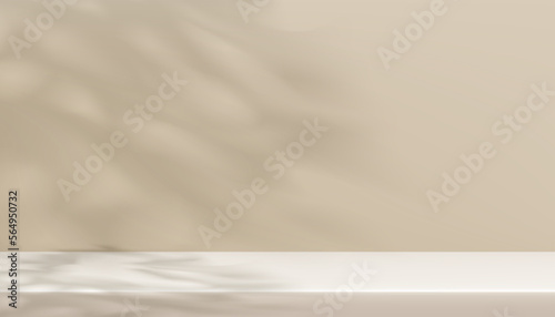 3d Beige background display with shadow leaves overlay on cement wall room,Transparent soft light of branches leaf,Concept for Organic Cosmetic product presentation,Sale,Online shop in Spring,Summer