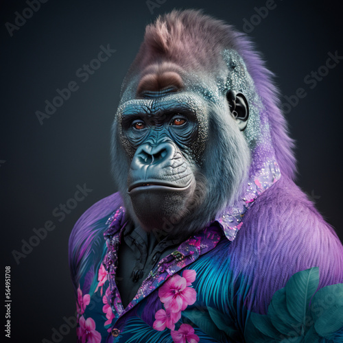 front facing studio photograph of a beautiful majestic Gorilla monkey wearing a vaporwave © Marcio