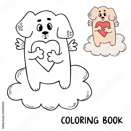 Funny winged cupid dog with heart on cloud. Vector illustration. Cute kids collection animals coloring page. Outline and color drawing for coloring book, design, decor, Valentines cards, print.